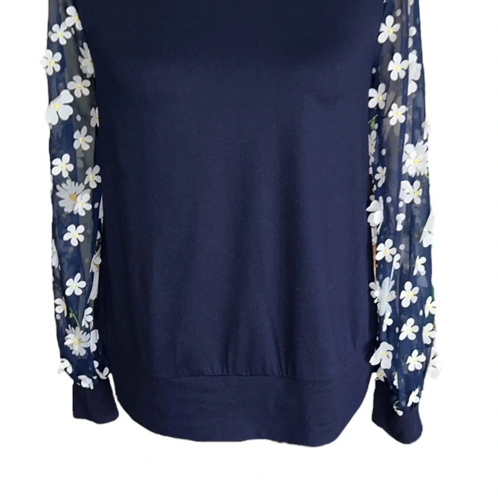 Anthropologie Eva Franco Becky Navy Blue White Daisy Appliqué Top - XS